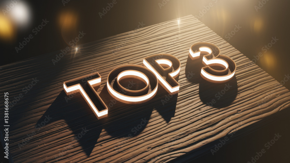 Poster stunning 3d render of top 3 signage with glossy text on rustic wood background illuminated by soft g