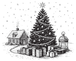 Naklejka premium toile christmas engraving vector illustration