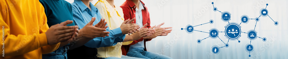 Poster a diverse group of individuals enthusiastically claps in a bright setting, representing teamwork and