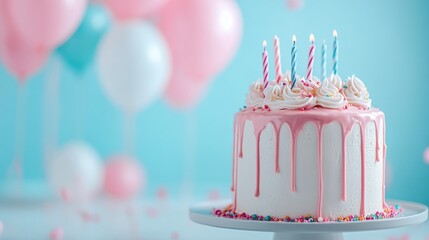 This vibrant image of a colorful drip cake surrounded by balloons and lit candles captures the essence of celebration, joy, and festive moments.