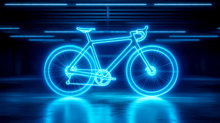 Hologram of a sleek racing bicycle glowing in bright blue neon light