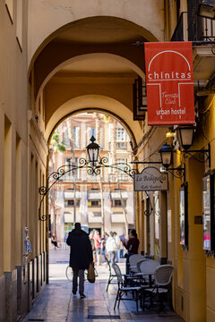 Looking toward Plaza de la Consstitucion square from the alleyway Chinitas passage in Malaga