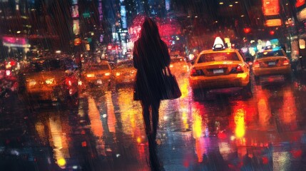 Woman silhouette in a bustling city street during a rainy night illuminated by city lights