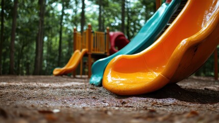 A close-up view of bright colored slides nestled among green trees, inviting children to play and explore the fun and excitement of a playground adventure in nature.
