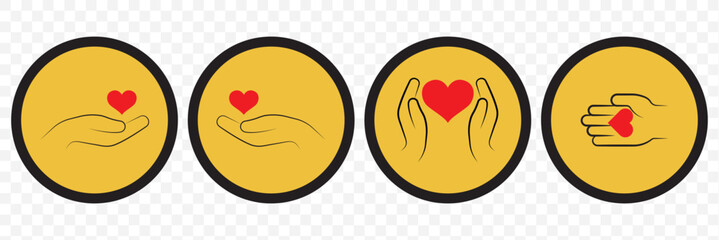 Vector set of hands holding heart icons, representing care, charity, and love. Editable stroke. EPS 10
