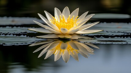 A Delicate White Water Lily Blooming Above Its Reflection
