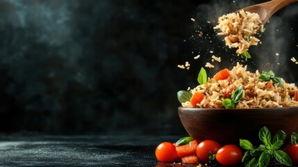 A creative presentation of fluffy rice disrupted by vibrant vegetables, highlighting the joy of cooking and the beauty of culinary artistry in each grain.