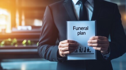 Man in suit holding funeral plan document