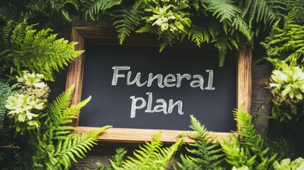 Funeral plan written on chalkboard surrounded by greenery
