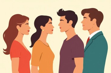 Fototapeta premium Two couples standing face to face in minimalistic style.