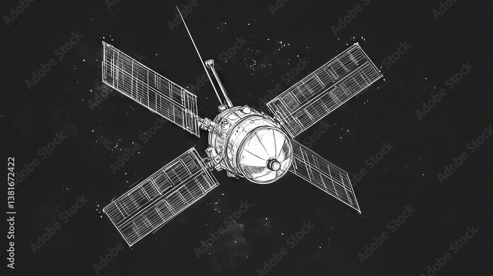 Poster continuous one line drawing of a satellite icon. single line draw design vector graphic illustration