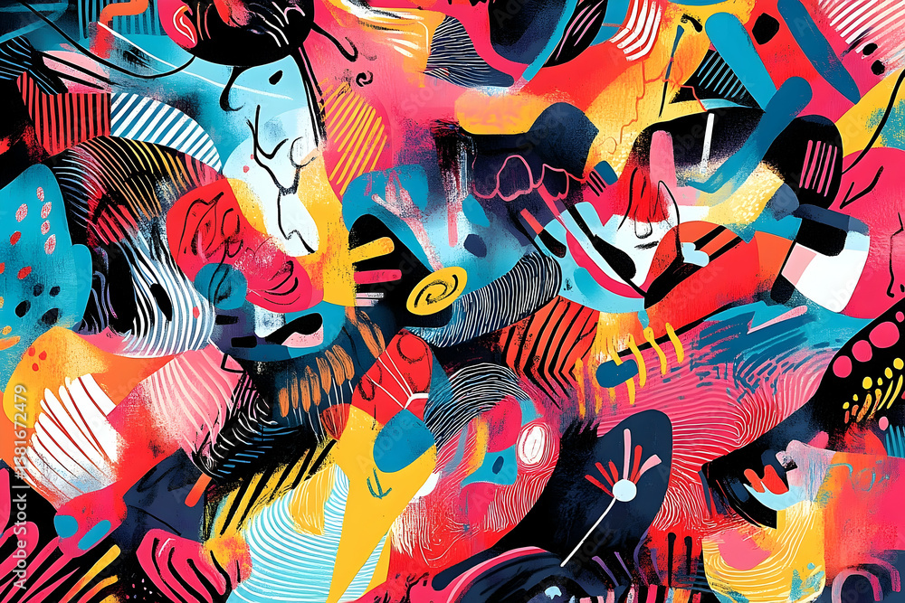 Poster complex and colorful abstract art composition with different shapes