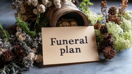 Funeral plan on table with dried flowers and pine cones
