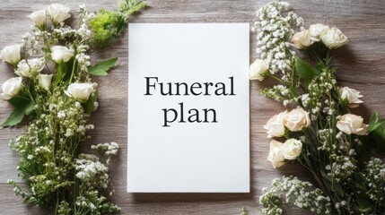 Funeral plan with white flowers on wooden background