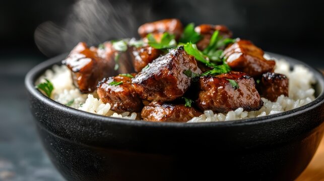 Served in a deep bowl, these succulent beef chunks pair perfectly with fluffy rice, topped with fresh herbs, making it a hearty and delightful dish for any mealtime.