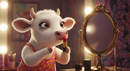 Cow Applying Lipstick in Front of Mirror Preparing to Go Out
