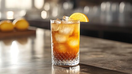 Iced Moscow Mule cocktail with lemon slice in glass. Refreshing and vibrant drink on bar counter. Celebrating with classic summer cocktail. National Moscow Mule Day