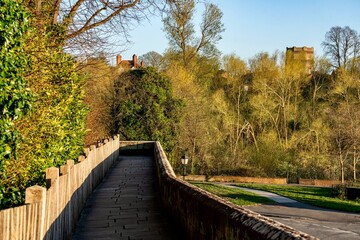 The view of the city of Chester, England as seen from the City Wall that surrounds the interior of the city.  The city wall was constructed during the 1st - 3rd centuries