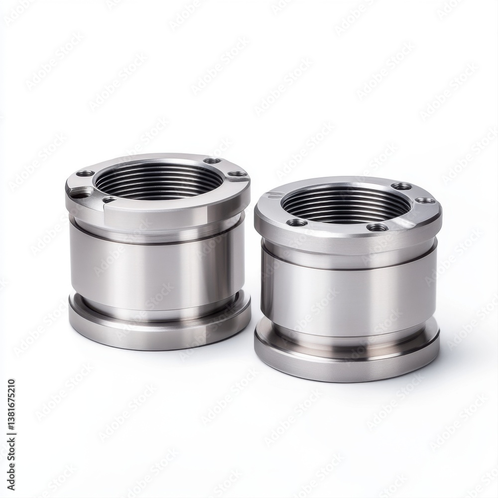 Poster close-up view of two metallic machine parts with threaded ends for engineering and manufacturing app