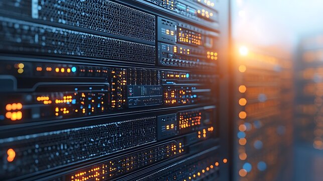 A close up of computer servers with illuminated lights - Powered by Adobe