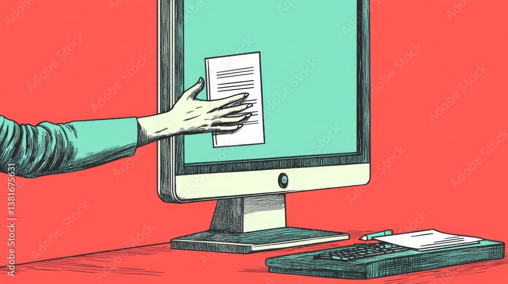 Poster continuous one line drawing process hiring set concept. hand coming out of computer screen offering 