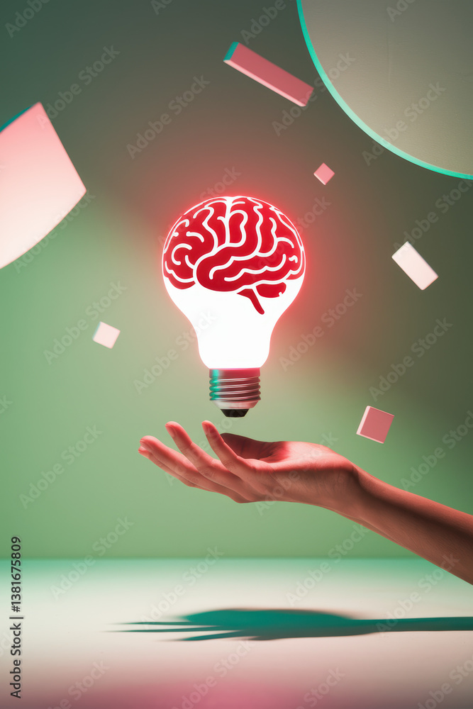 Poster innovative idea concept with glowing brain lightbulb above open hand against abstract green backgrou