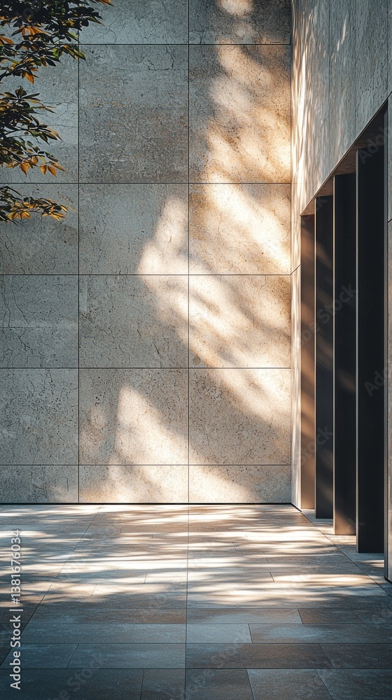Poster sunlight streams through the open doorway of a contemporary retail shop, highlighting sleek stone wa