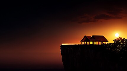 Serene sunset view of a cliffside house overlooking the ocean with vibrant sky colors