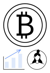 Bitcoin icon inside a circle, upward growth chart and female user avatar. Ideal for finance, investment, cryptocurrency, user growth, networking, blockchain fintech. Flat simple metaphor