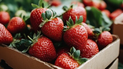 An intimate view of fresh strawberries nestled in a cardboard box, highlighting their luscious red color and green tops, ideal for showcasing the freshness of seasonal fruits.