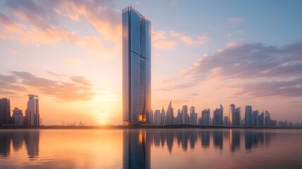 Skyline Serenity: A breathtaking cityscape at sunset, showcasing a towering skyscraper and the tranquil waters reflecting the colorful sky, evoking a sense of peace and wonder.