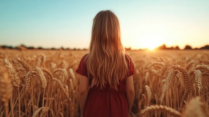A girl stands in a wheat field, gazing at a breathtaking sunset, embodying the beauty of nature, reflection, and the quiet moments that connect us with the world.