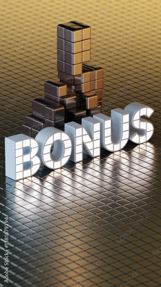 Poster illuminated bonus sign with 3d cube stack in reflective golden environment