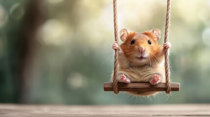 An adorable hamster swings joyfully on a rustic wooden swing, surrounded by a beautifully blurred green background, evoking a sense of playfulness and charm.