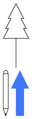 Simplistic tree outline above blue arrow symbolizing progress, with pencil signifying ideas and innovation. Ideal for growth, creativity, sustainability, education, planning, ecology, inspiration