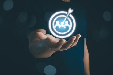 Target audience, buyer persona, customer behavior concept. Personalization marketing, client centric strategies, Brand research analysis technology. Business people hand show target customer on screen