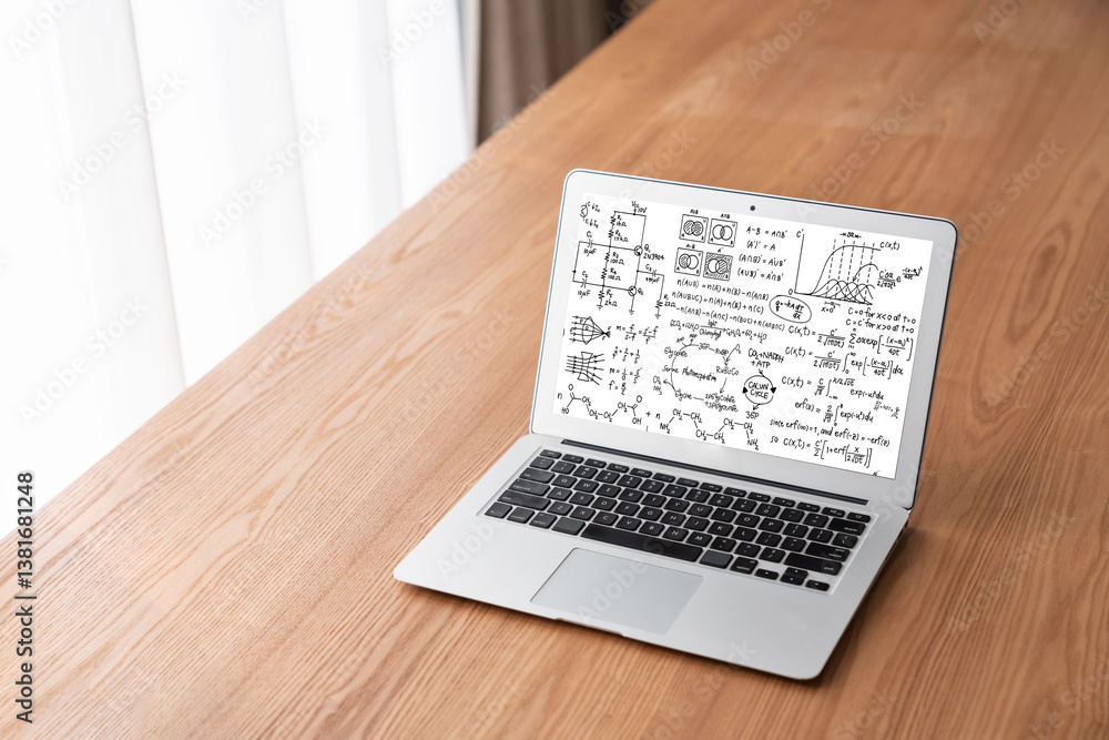 Poster mathematic equations and modish formula on computer screen showing concept of science and education