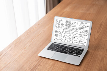 Mathematic equations and modish formula on computer screen showing concept of science and education