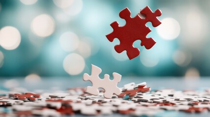 Two red puzzle pieces are dramatically falling onto a scattered collection of white and red pieces, creating an atmosphere of creativity and anticipation for the completed picture.