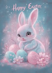 Charming illustration of a joyful bunny hiding colorful Easter eggs with flowers and. Festive background template with space for text. A delightful scene for Easter celebrations