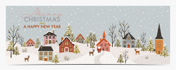 Merry Christmas - peaceful day in winter Santa Claus village, little colorful houses, Santa Claus, trees, reindeers and snowmen in the snowy surroundings, colorful text, vector illustration