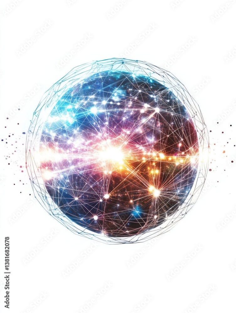 Poster abstract digital sphere with glowing connections and cosmic elements on a white background, represen
