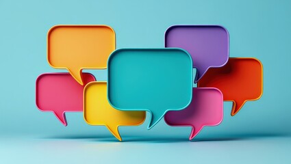 Colorful speech bubbles illustrate linguistic diversity. Many colorful speech bubbles overlap. Represent global communication. Conversation, dialogue between different cultures. Image shows