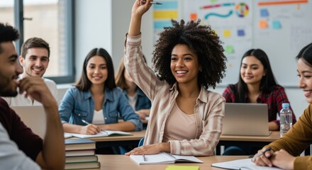A diverse group of students in a lively classroom, with one young woman raising her hand to ask a question, highlighting the interactive modern education environment.