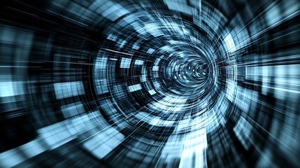 Abstract futuristic tunnel with lines and geometric shapes in blue hues