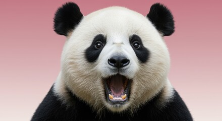 Fototapeta premium A close-up of a panda bear with a wide-open mouth against a soft pink gradient, emphasizing its black and white fur. Perfect for wildlife enthusiasts and conservation themes.