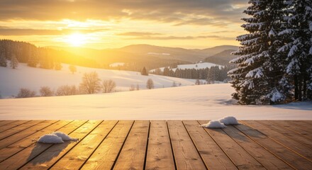 A serene winter landscape showcases a sunlit snowy field blanketed in white, with distant hills and trees silhouetted against a colorful sky at sunset. This tranquil scene invites warmth and calmness.
