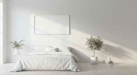 A serene bedroom with minimalist design features a large bed in white linens, a small table with a plant, and natural light, creating a relaxing and cozy atmosphere.