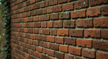 A close-up of a rustic brick wall showcasing weathered red bricks with texture variations and patches of moss, blending natural and architectural beauty for design inspiration.
