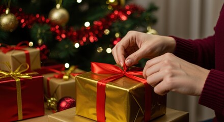A person ties a red ribbon onto a gold gift box, surrounded by colorful Christmas decorations, creating a warm and festive holiday scene.